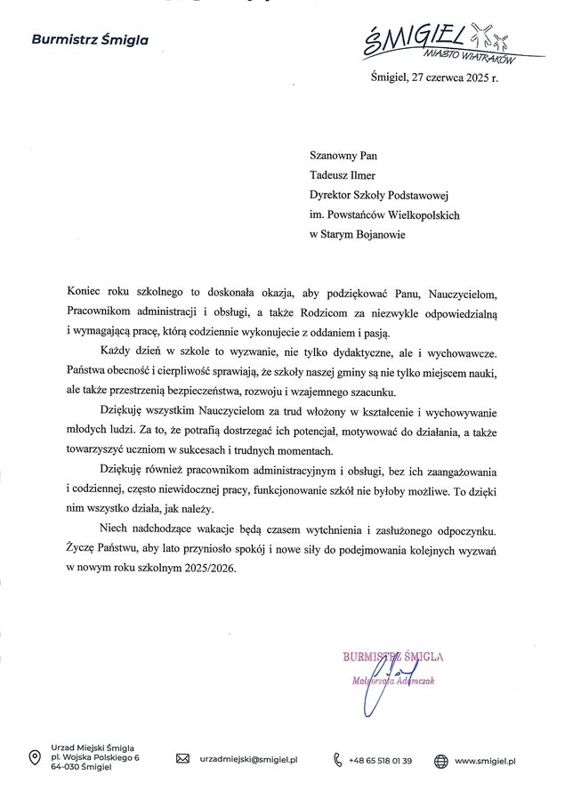 Życzenia Burmistrz Śmigla z okazji zakończenia roku szkolnego 2024/2025